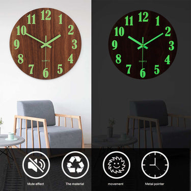 Wooden Luminous Wall Clock – Silent Quartz Movement with Glow-in-the-Dark Numbers for Home or Office