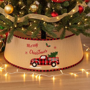Burlap Merry Christmas Tree Skirt Collar with Car Design