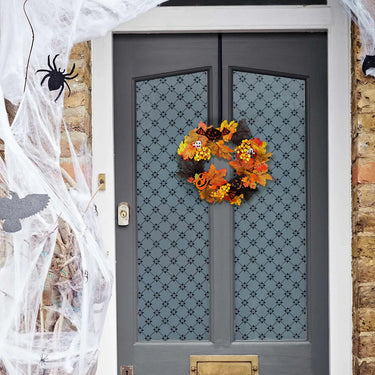 Realistic Halloween Wreath with LED Lights - Eerie Maple Leaves, Berries, and Spooky Decorations for Doors and Windows