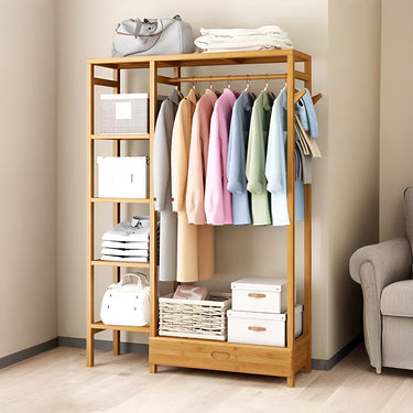 Wooden Clothes Rack with Hooks and Bottom Drawer – Freestanding Wardrobe Organizer