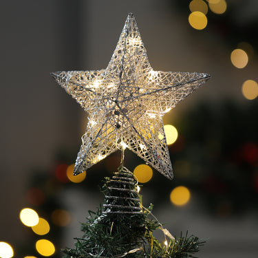 Silver Sequin Star Christmas Tree Topper with LED Lights – Elegant Holiday Accent