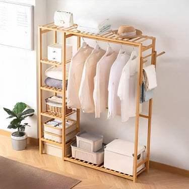 Wooden Clothes Rack with Side Hooks – Multi-Layer Open Wardrobe Organizer