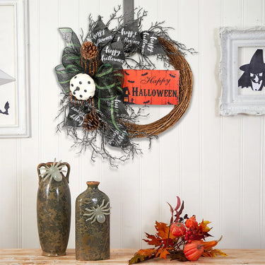 Halloween Wreath with Bows – Spooky Front Door Decoration with “Happy Halloween” Sign
