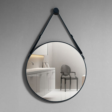 Nordic Round Wall Mirror with Adjustable PU Leather Strap – Minimalist Aluminium Frame, Shatterproof Glass