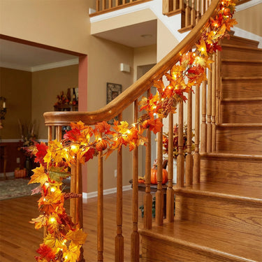 1.8M Artificial Autumn Maple Leaf & Pumpkin Vine Garland with LED Lights - Fall Indoor and Outdoor Decoration