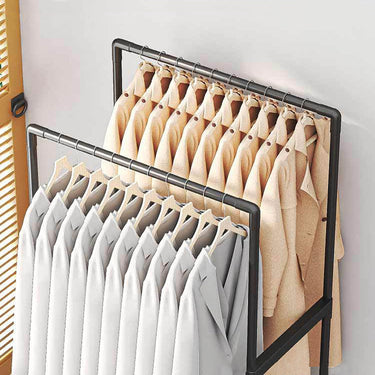 Double Rod Rolling Clothes Rack with Shelf, Metal Garment Organizer