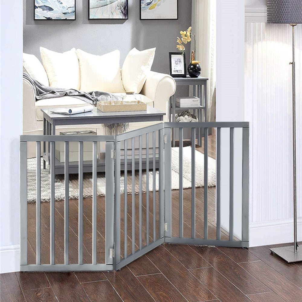 Folding Pet Gate Dog Fence Child Safety Indoor Durable Free Standing Wood Pet Gate Living and Home Grey 
