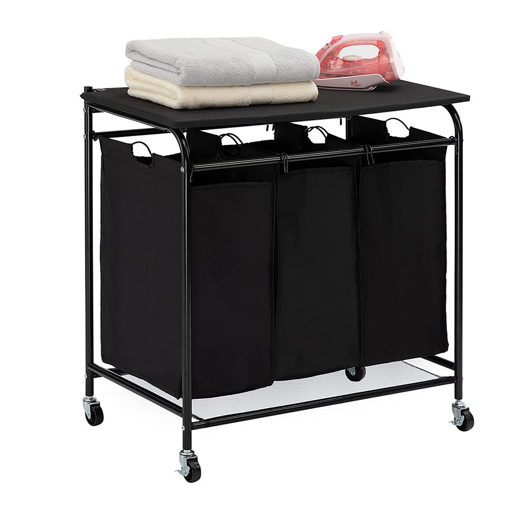 Rolling Laundry Sorter with Three Bags and Ironing Board