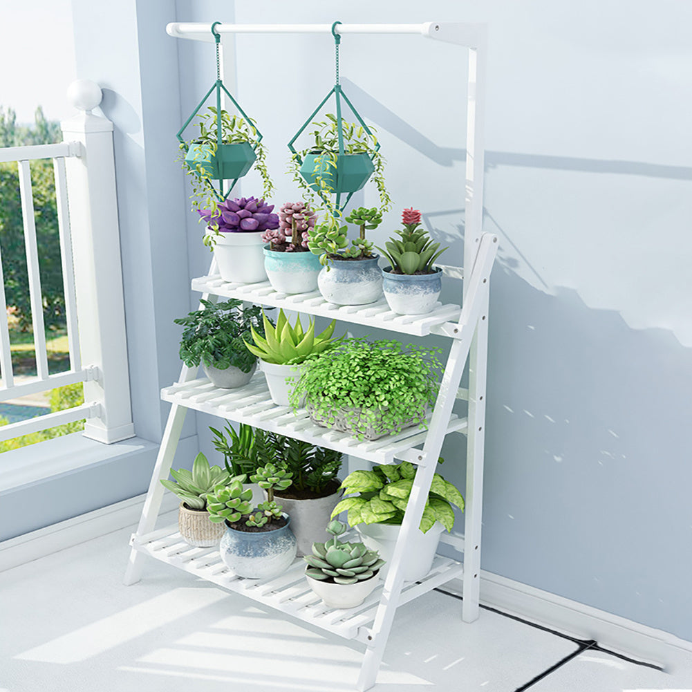 3-Tier White Wooden Ladder Plant Stand Foldable with Hanging Rod