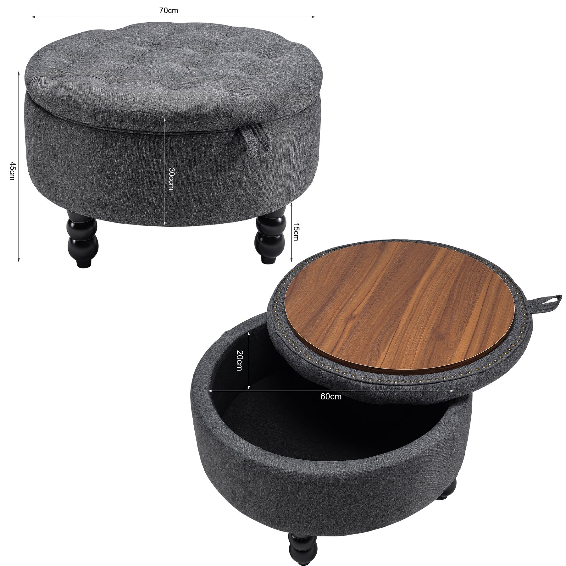 70cm Dia. Tufted Round Cocktail Ottoman Storage Footstool