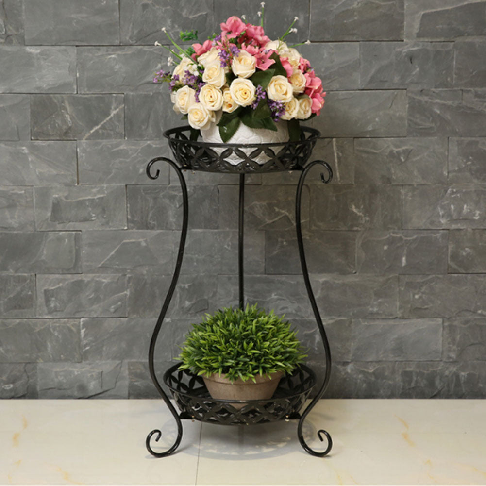 2 Tier Metal Plant Pot Stand Flower Display Shelf Garden Balcony Outdoor Indoor Bookcases & Standing Shelves Living and Home Black 