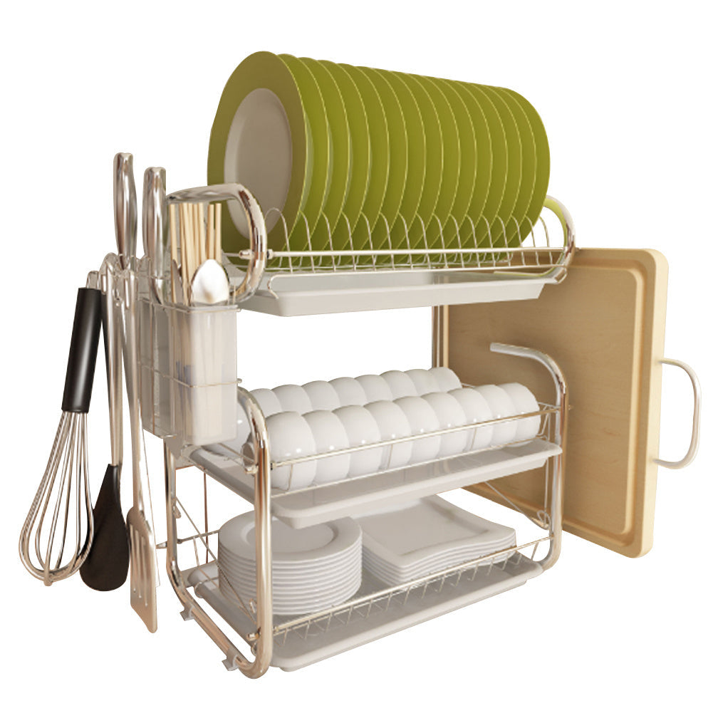 Kitchen 3-Tier Dish Drainer Storage Stand Bowl Plate Dryer Tray White