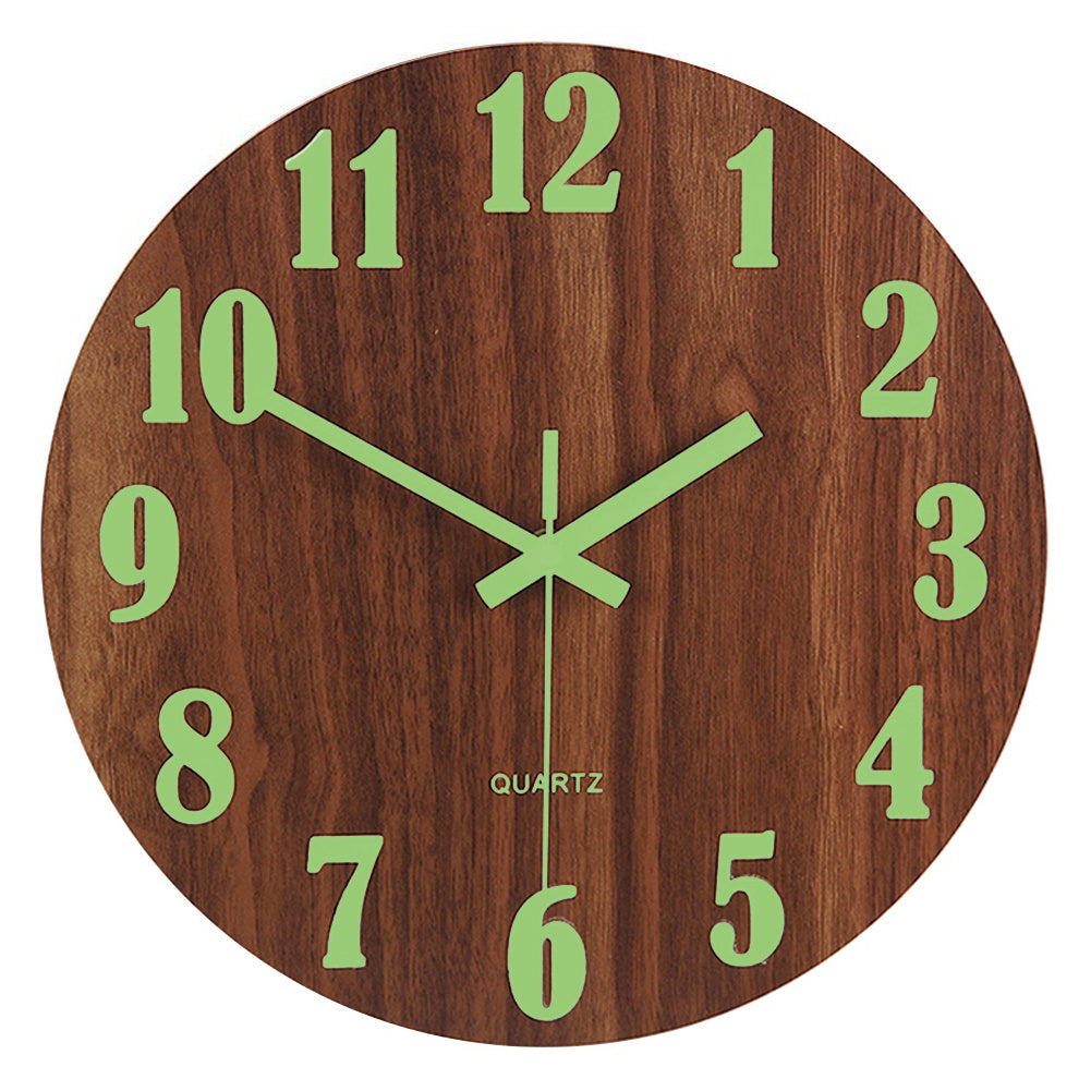 Wooden Luminous Quartz Non-Ticking Wall Clock Battery Operated