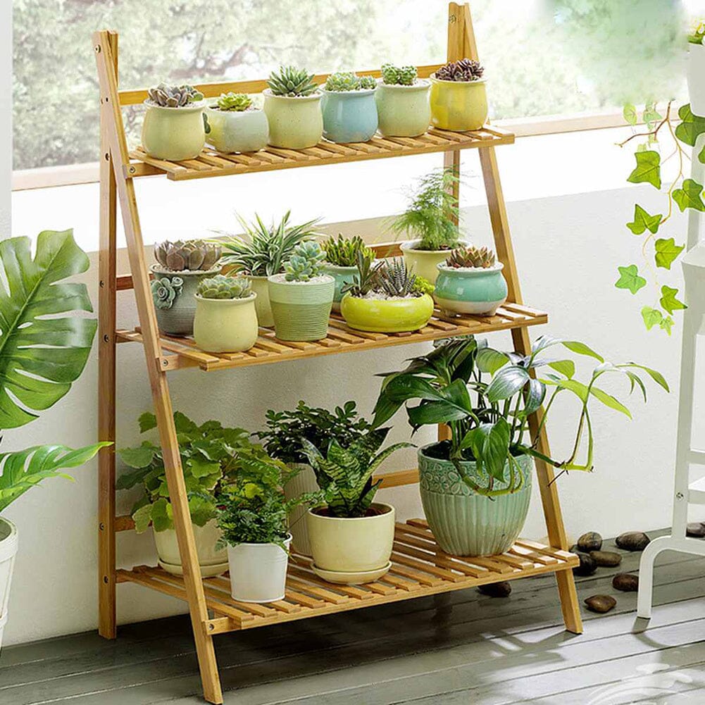 3 Tier Wood Plant Stand Folding Garden Display Racks Plant Stands & Shelves Living and Home Natural 