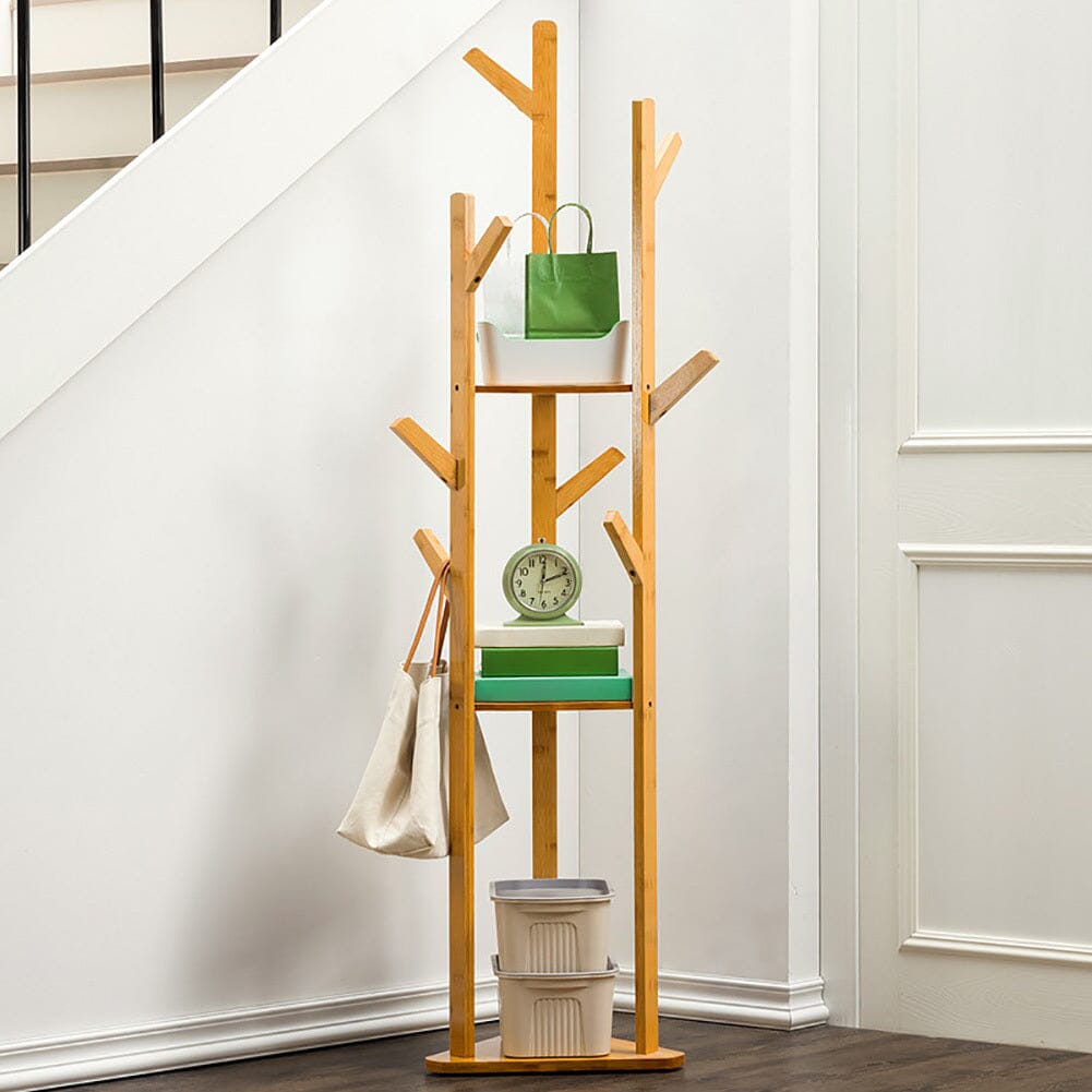 3-Tier Coat Hanger Shelf Bamboo Wooden Coat Rack with 8 Hooks Shelves & Racks Living and Home Natural Wood 