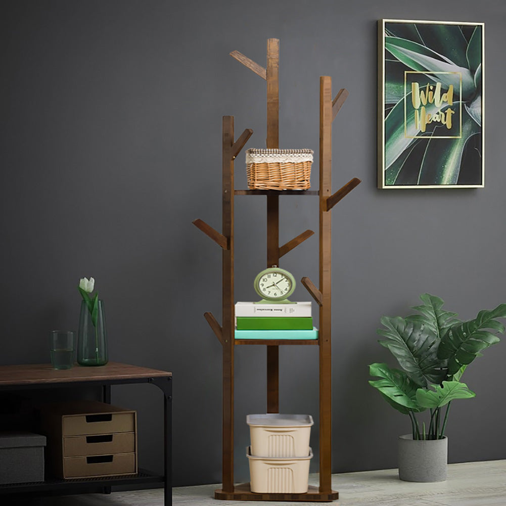 3-Tier Coat Hanger Shelf Bamboo Wooden Coat Rack with 8 Hooks Shelves & Racks Living and Home Brown 