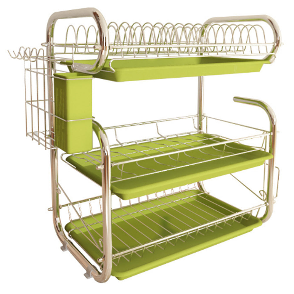 Kitchen 3-Tier Dish Drainer Storage Stand Bowl Plate Dryer Tray Green