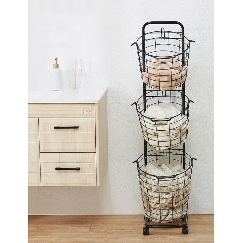 3 Tier Metal Wire Laundry Basket Rolling Cart with 4 Wheels, Black Laundry Baskets Living and Home 