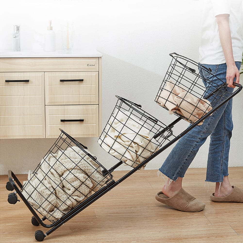 3 Tier Metal Wire Laundry Basket Rolling Cart with 4 Wheels, Black Laundry Baskets Living and Home 