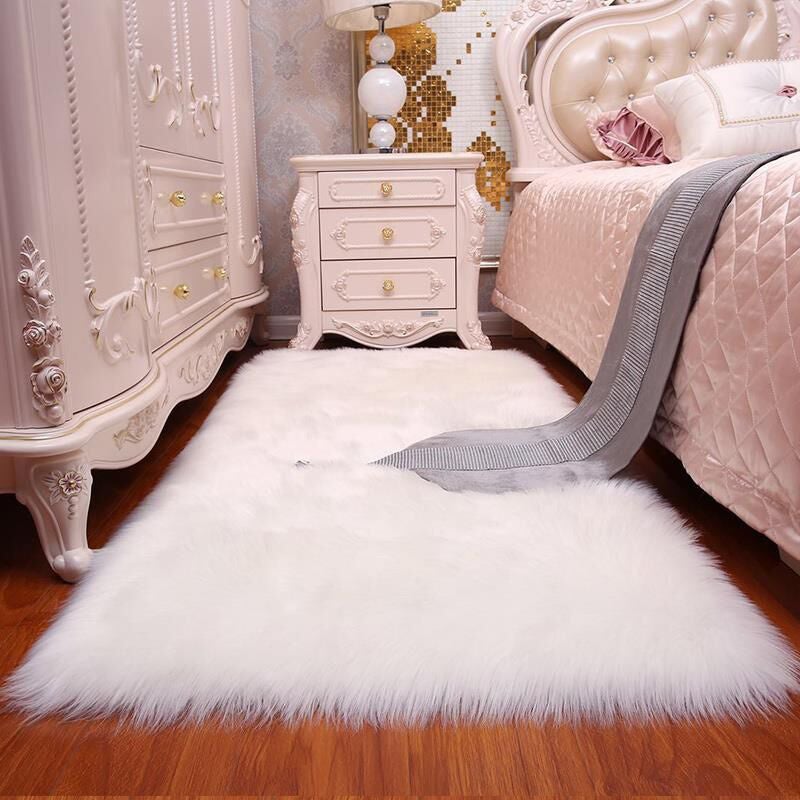 White Rectangle Fluffy Shaggy Sheepskin Area Rugs Rug Living and Home 