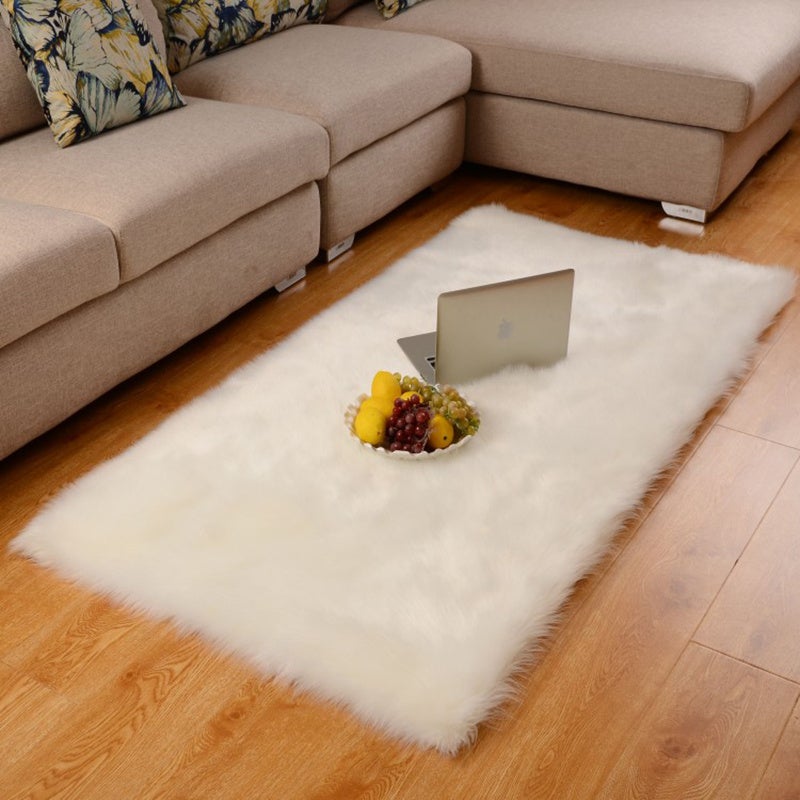 White Rectangle Fluffy Shaggy Sheepskin Area Rugs Rug Living and Home 